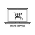 Computer laptop with shopping trolley on screen, Notebook with shopping cart on display, Icon symbol E-Commerce business marketing