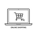 Computer laptop with shopping trolley on screen, Notebook with shopping cart on display, Icon symbol E-Commerce business marketing Royalty Free Stock Photo