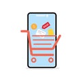 Shopping online mobile applications e-commerce payment coins bags labels discounted flat icon in the basket