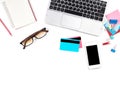 Shopping Online on Modern white desk and table office with laptop and glasses, credit card and other supplies, Top view with Royalty Free Stock Photo