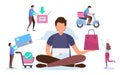 Shopping online process. Solution marketing concept. Digital payment. Flat cartoon miniature character. Vector illustration design Royalty Free Stock Photo