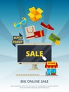 Shopping online. By products on website mobile app smartphone estore payment on pc vector background marketing placard