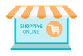 Shopping online in an online store on laptop and website. Computer with awning. Vector illustration in flat design Royalty Free Stock Photo