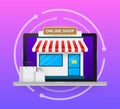 Shopping Online on Website. Online store, shop concept on laptop screen. Vector illustration. Royalty Free Stock Photo