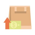 Shopping paper bag money going up arrow, rising food prices, flat style icon Royalty Free Stock Photo