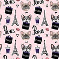 Shopping in paris pink seamless pattern. French Bulldog is holding a shopping bag. Hand drawn vector Royalty Free Stock Photo