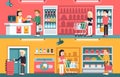 Shopping people and counter in super market interior, retail vector concepts set