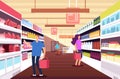 Shopping people in hypermarket. Customers between food product shelves. Retail and discount sales vector concept