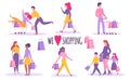 Shopping people. Isolated. Happy people with shopping bags and cart. Flat style. Vector