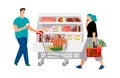 Shopping people. Man with shopping cart, girl with market basket. Grocery store vector illustration Royalty Free Stock Photo