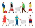 Shopping people. Man with shopping cart and woman with market basket vector illustration, retail cartoon supermarket