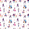 Shopping people pattern. Happy smiley men women kids with shop bags. Walking persons vector background