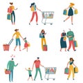 Shopping people. Persons shop family basket cart consume retail purchase store shopaholic mall supermarket shopper flat