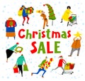 Shopping people set. Christmas sale lettering. Vector card