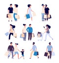 Shopping people set. Man and woman with shopping card buying product in grocery store. Isolated shopper cartoon vector