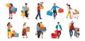 Shopping people. Trendy cartoon characters on retail store, happy buyers at discount shop. Vector people in mall scenes