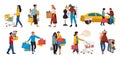 Shopping people. Trendy family and couples cartoon characters at mall shopping, happy cute persons at retail stores Royalty Free Stock Photo