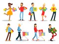 Shopping people vector concepts. Flat design. Collection of smiling women and man characters with gift boxes, paper bags and troll Royalty Free Stock Photo