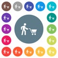 Shopping person with cart flat white icons on round color backgrounds