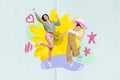 Shopping placard collage of two young girls dancing mother daughter celebrate international women day march isolated