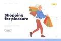 Shopping for pleasure concept for landing page with young woman character holding purchases