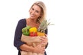 Shopping, portrait or happy woman with vegetables, fruit or healthy food in studio on white background. Diet, smile or Royalty Free Stock Photo