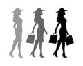 Shopping process. Woman holding handbags silhouette. Vector black icon Royalty Free Stock Photo