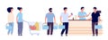 Shopping queue. People with shopping card waiting in line buy product in grocery store at counter. Shopper crowd cartoon Royalty Free Stock Photo