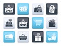 Shopping and retail icons over color background