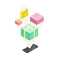 Shopping and Retail Industry with Smartphone and Boxes with Package Isometric Vector Illustration