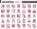 Shopping retail red black complex flat line icon vector illustration set. Commercial shop website app symbols for online Royalty Free Stock Photo