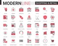 Shopping retail thin red black flat line icon vector illustration set for online order, free shopping delivery, customer Royalty Free Stock Photo