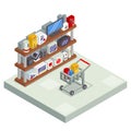 Shopping Room Interior Shelf with Goods Trolley Cart Isometric Shop Business Sell Offer Sale Store Market Icon Flat