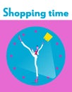 Shopping sale banner with woman in white suit on clock dial, portrait orientation