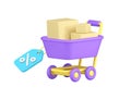 Shopping sale discount trolley with cardboard box and percent tag 3d icon realistic vector