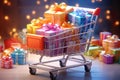 Shopping sale promotion. Full Shopping Cart, Gift box. Concept of Great Discount, Black friday and anniversary