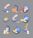 Shopping and sales online isometric large set. Bonus discount for bulk order mobile web applications with retail