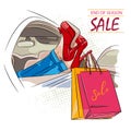 Shopping season sale, girl in car in red shoes with shopping bags. Illustration with lettering can be used for banner, posters and Royalty Free Stock Photo