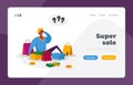 Shopping, Seasonal Sale Landing Page Template. Man with Question Marks Sit with Shopping Bags. Shopaholic Male Character