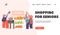 Shopping for Seniors Landing Page Template. Old Woman with Bag Stand at Product Shelf in Store, Aged Lady in Supermarket Royalty Free Stock Photo