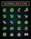 Shopping sign thin neon glowing line icons set.vector illustration Royalty Free Stock Photo