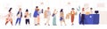 Shopping in store flat vector illustration. Sale, discount, special offer concept. Seller and people standing in queue Royalty Free Stock Photo