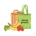 Shopping at the store. Paper bag cloth bag bananas cherry tomatoes and portray onions. Zero-waste shopping Royalty Free Stock Photo