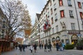 Shopping street decorated for Christmas and Christmas market stands in old town Munich, Germany