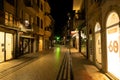 Shopping street in old town centre of Povoa de Varzim, Portugal at night.