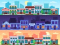 Shopping street. Small shop streets cityscape, city road with shops building and town retail store vector illustration