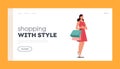 Shopping with Style Landing Page Template. Shopaholic Girl with Purchases in Colorful Paper Bags. Happy Woman Shopping