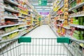 Shopping in supermarket shopping cart view with motion blur Royalty Free Stock Photo