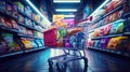 Shopping in supermarket by supermarket cart in motion blur