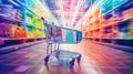 Shopping in supermarket by supermarket cart in motion blur